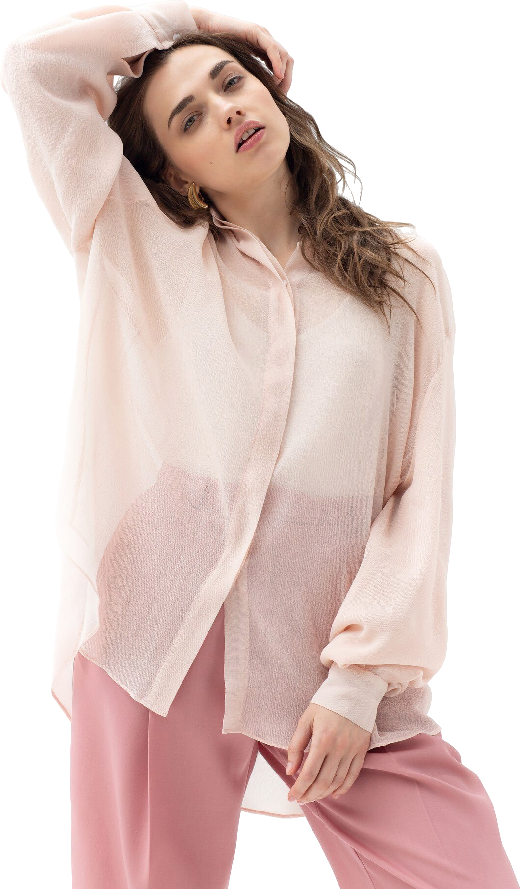 pretty-girl-with-curly-hair-posing-pink-chiffon-blouse-trousers copy